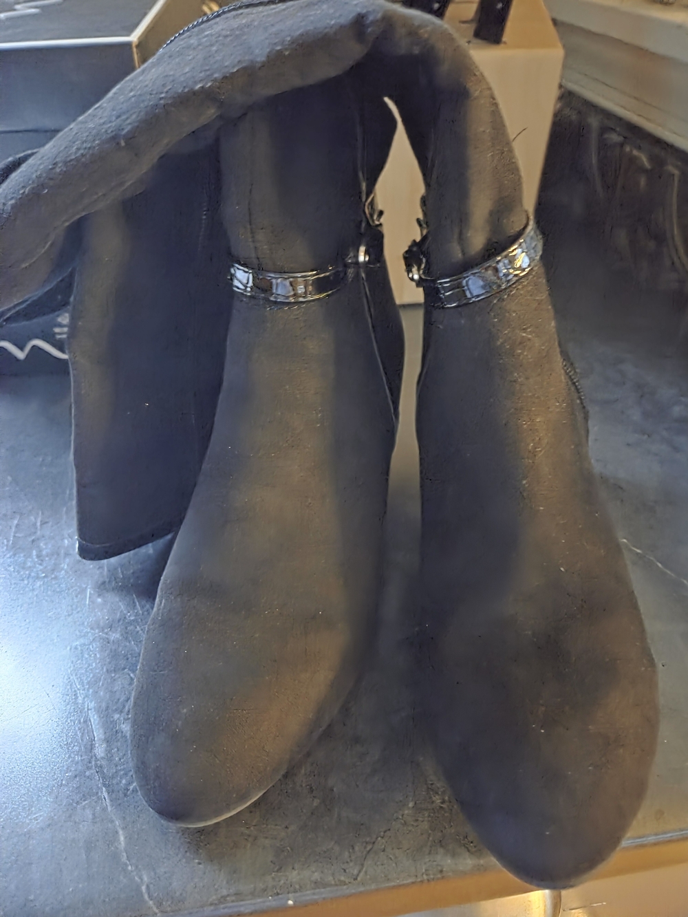 Jones New York Black Suede Ankle Boots with Patent Trim